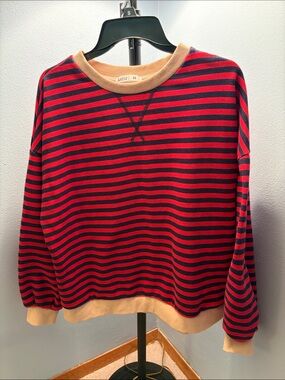 UEU Striped Red & Navy Crewneck Sweatshirt with Tan Trim size Medium